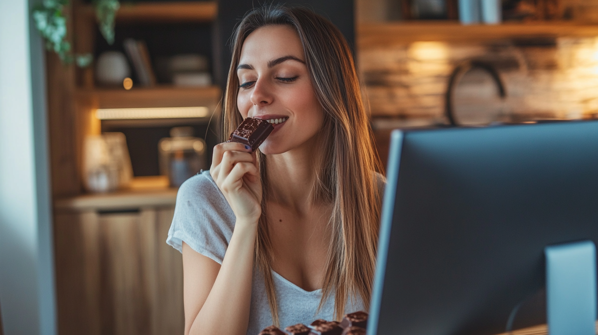 woman_sitting_at_computer_eating_chocolate_4fa77d65-df13-4e56-81b9 ...
