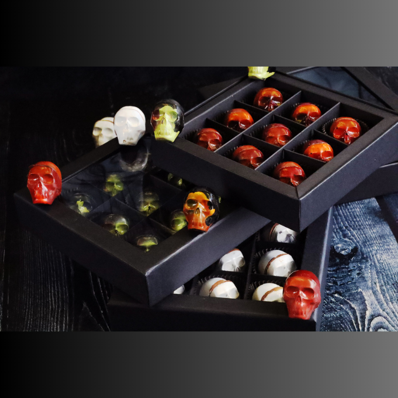 **VEGAN** 9pc Spooky Halloween Skull Candy Chocolate Box - Wicked Hazelnut Crunch