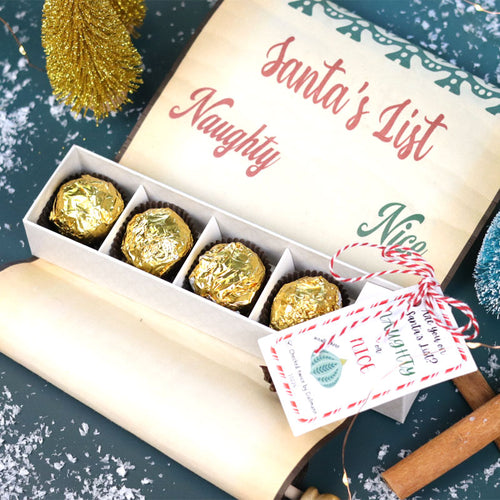 **VEGAN** Naughty Or Nice 4 Piece Holiday Chocolate Stocking Stuffer Sleeve - Dubai-inspired Knafe Chocolate Flavor