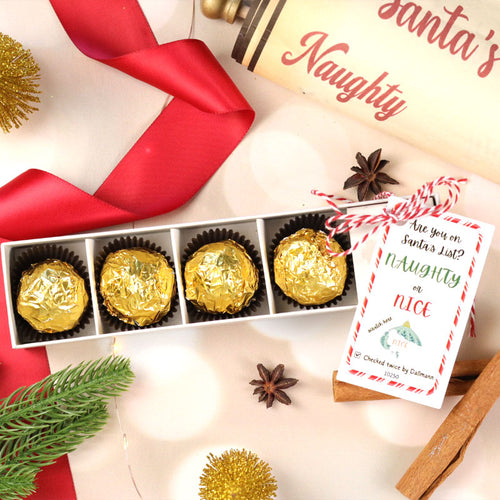 **VEGAN** Naughty Or Nice 4 Piece Holiday Chocolate Stocking Stuffer Sleeve - Dubai-inspired Knafe Chocolate Flavor