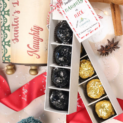 **VEGAN** Naughty Or Nice 4 Piece Holiday Chocolate Stocking Stuffer Sleeve - Dubai-inspired Knafe Chocolate Flavor