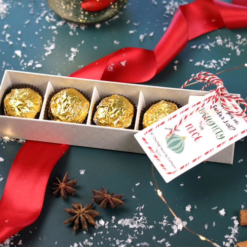 **VEGAN** Naughty Or Nice 4 Piece Holiday Chocolate Stocking Stuffer Sleeve - Dubai-inspired Knafe Chocolate Flavor