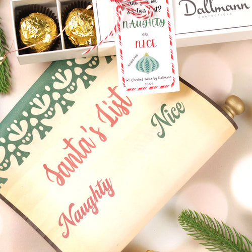 **VEGAN** Naughty Or Nice 4 Piece Holiday Chocolate Stocking Stuffer Sleeve - Dubai-inspired Knafe Chocolate Flavor