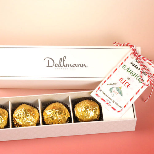 **VEGAN** Naughty Or Nice 4 Piece Holiday Chocolate Stocking Stuffer Sleeve - Dubai-inspired Knafe Chocolate Flavor