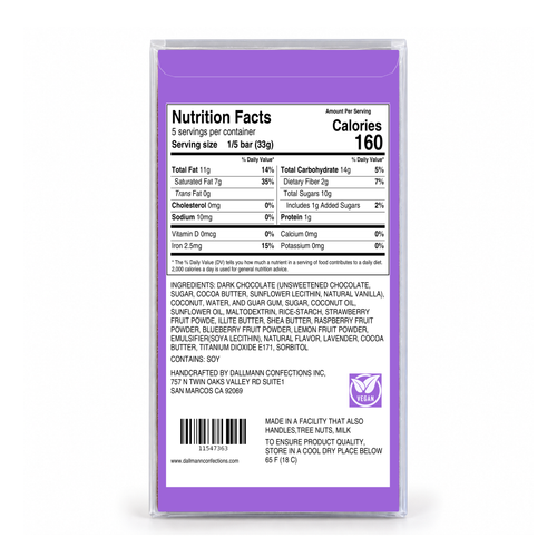 Dallmann Lavender Berry Bar packaging, back view