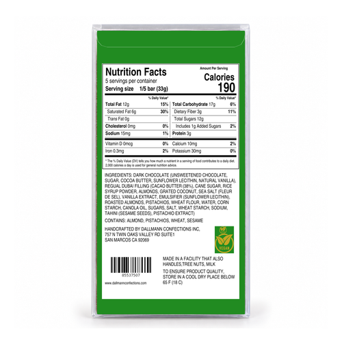 Dallmann Dubai Chocolate Bar packaging, back view