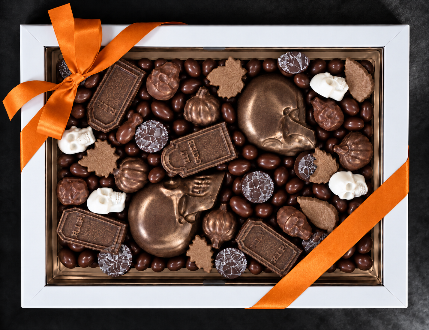 Halloween chocolate board in serving tray, landscape, neutral dramatic lighting